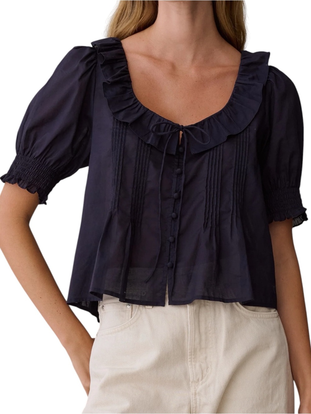 Few Moda Sorella Maysilee Cotton Top Navy Blue Ruffle Collar NWT